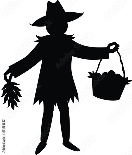 Scarecrow with harvest basket vector silhouette
