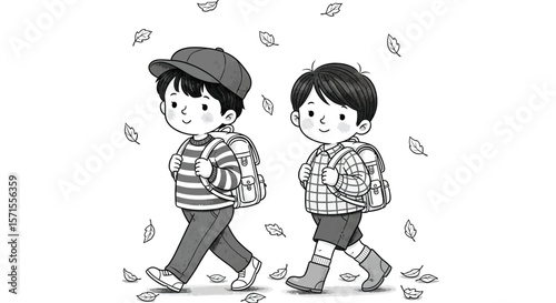 Cartoon illustration of students going to school with backpacks in black and white coloring page style