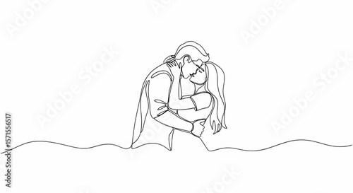 Continuous Line Drawing of a Kissing Couple Embracing Passionately.