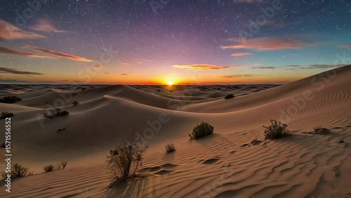 Vast Desert Landscape at Dusk with Sand Dunes and Stars
