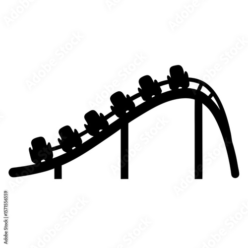 Silhouette of a thrilling roller coaster ride with many carts on the track