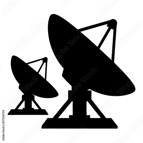 Two black silhouettes of radio telescope antennas against a white background