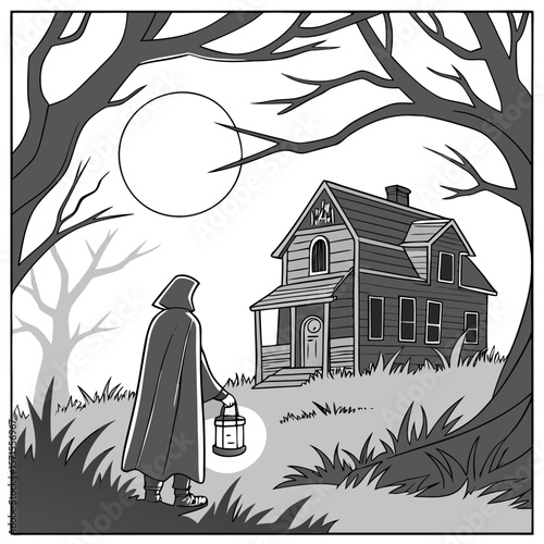 Mysterious cloaked figure holding a lantern approaches a spooky old house under a large full moon surrounded by bare trees and tall grass