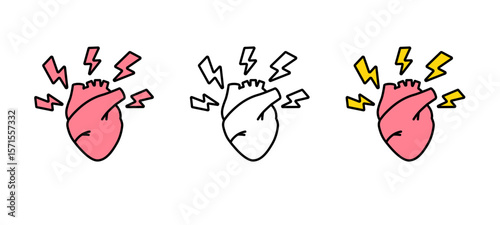 Trio of vibrant anatomical hearts with expressive lightning symbols indicating energy and vitality.