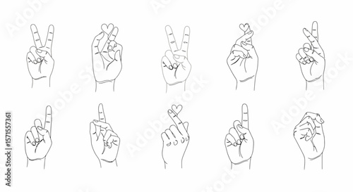 Line Art Hand Gestures Peace Sign Heart Pointing Finger and More.
