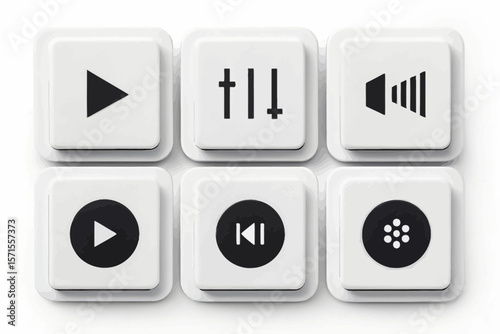 White media control buttons isolated on white background