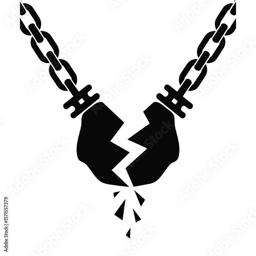 Silhouette vector of broken chain symbolizing liberation on black and white background