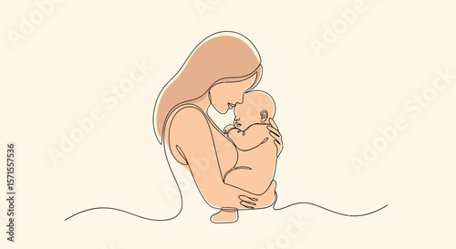 Minimalist line art depicting a mother tenderly cradling her sleeping baby.
