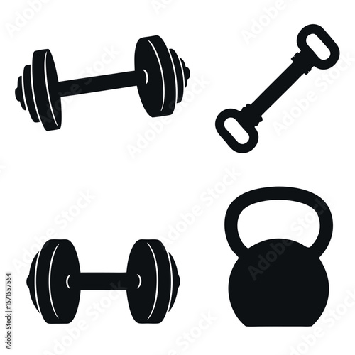 Fitness equipment collection dumbbells kettlebell and barbell handle isolated on white background