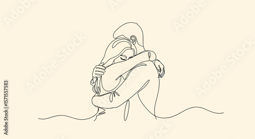 Minimalist Line Art Embracing Couple in Tender Affectionate Hug.