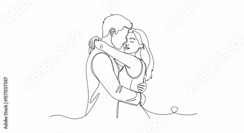 Minimalist Line Art Embracing Couple in Tender Moment of Affection.