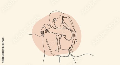 Minimalist Line Art Embracing Couple with Arms Around Each Other Soft Pastel Backdrop.