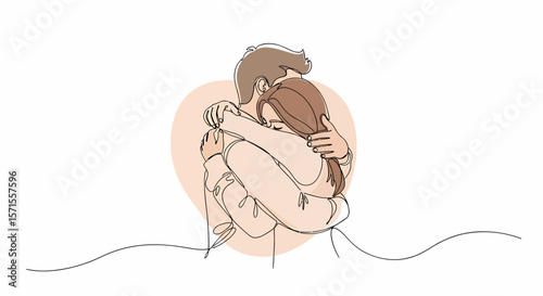 Minimalist Line Art Embracing Couple with Closed Eyes in Warm Embrace.