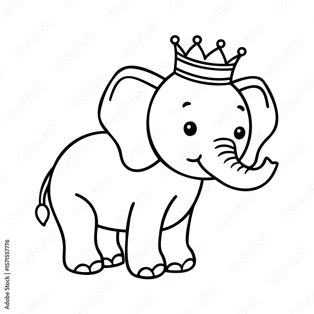 Obraz premium Handdrawn cartoon elephant wearing a crown with a trunk big ears on animal