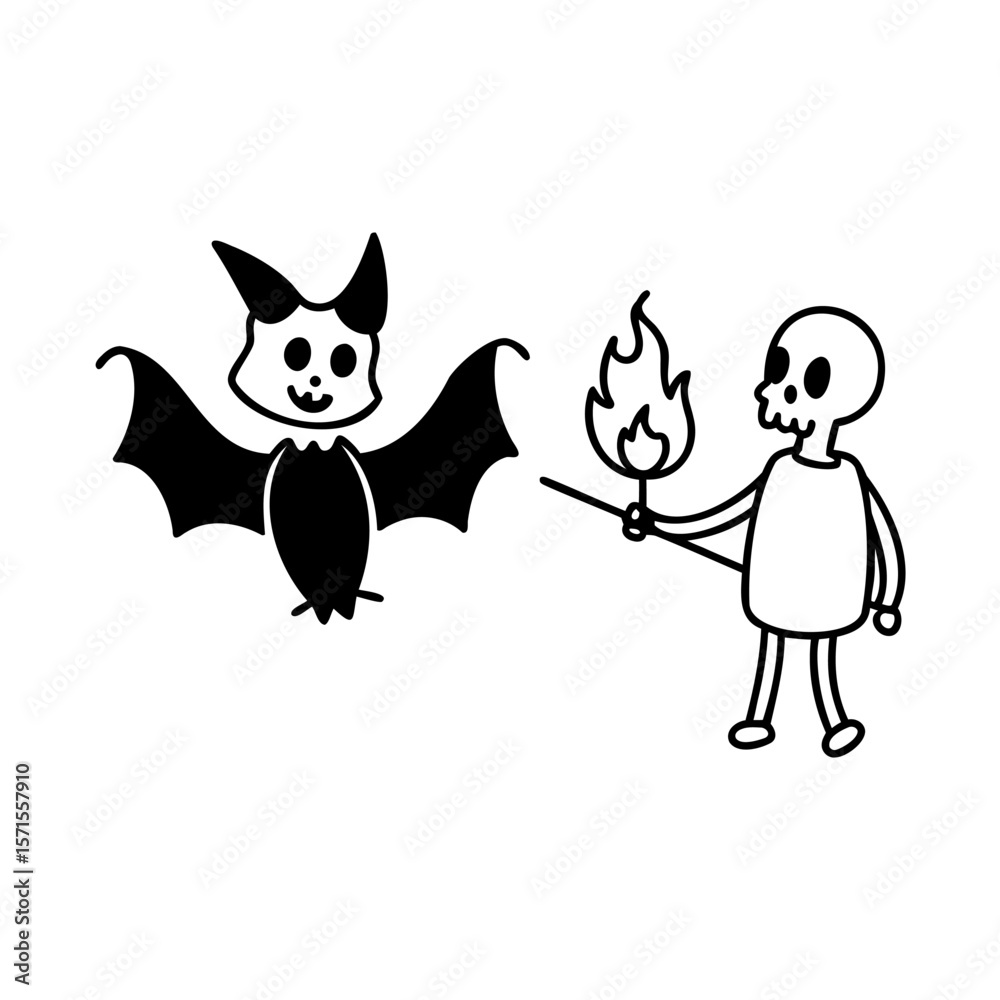 Fototapeta premium Handdrawn a bat a skeleton holding a torch with flames fire