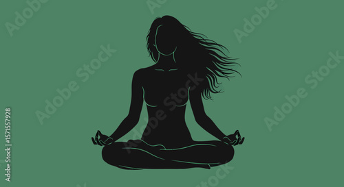 Silhouette of a woman with flowing hair in a lotus position meditating.