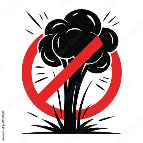 Silhouette vector of explosion crossed out with peace symbol protest on black and white background