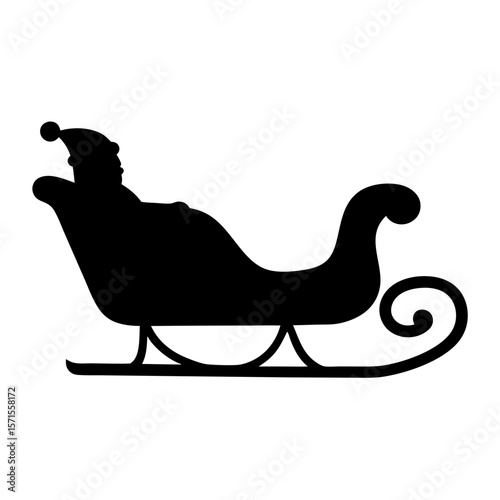 A silhouette of Santa Claus in his sleigh against a white background