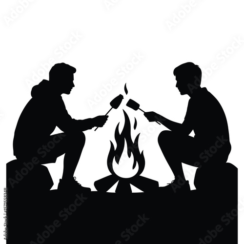 Silhouette vector of friends sitting around campfire on black and white background