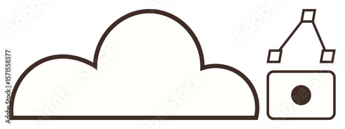 Outline of a cloud and camera device symbolizing storage, data transfer, and sharing. Ideal for technology, innovation, digital security, connectivity, backup multimedia collaboration. Simple flat