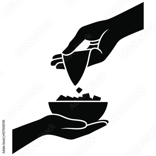 Silhouette vector of helping hand giving food isolated on black and white background symbolizing charity and support