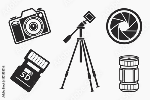A collection of photography equipment icons, including a camera, tripod, memory card, and lens, isolated on white background