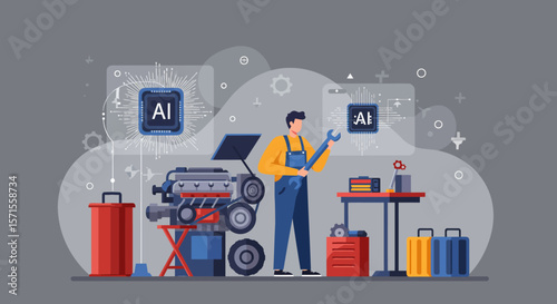 AI-Powered Mechanic: A futuristic illustration showcasing a mechanic skillfully utilizing AI to repair a car engine, highlighting innovation and automation.