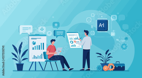 Modern Data Analysis: Two individuals deeply immersed in a contemporary data analysis session, surrounded by visual representations of information and technological elements.