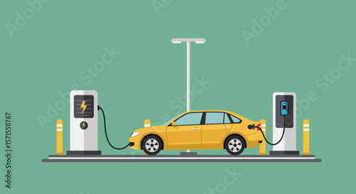 Electric Vehicle Charging: A yellow electric car is plugged into two charging stations, symbolizing the future of sustainable transportation and clean energy.