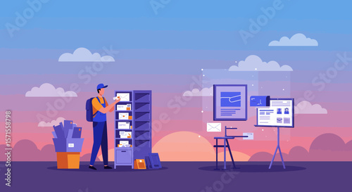 Digital Correspondence: A postal worker interacts with digital interface, handling mail with a modern approach in an urban sunset backdrop.