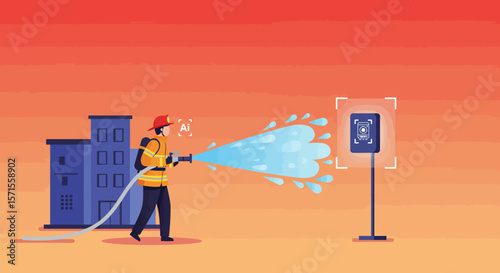 Firefighter's Duty: A brave firefighter fearlessly tackles a blaze, directing a powerful jet of water, a symbol of courage and community safety.