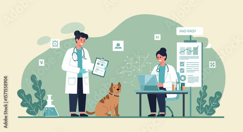 Veterinary clinic scene: A compassionate veterinarian providing a comprehensive health checkup to a pet dog, while another is working with data.