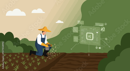 Agriculture Meets Innovation: A visual representation of a farmer applying seeds in a cultivated field, with a modern overlay of AI technology.