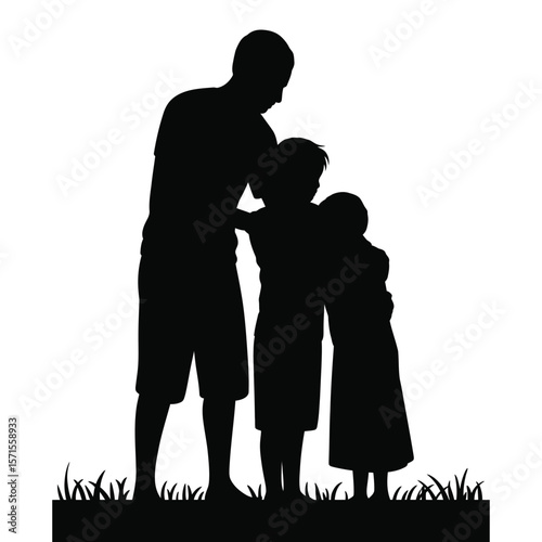 Silhouette vector of hugging family in refugee camp expressing hope concept on black and white background
