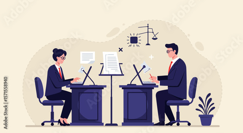 Courtroom Debate: Illustrative depiction of a legal proceeding, a dynamic visual story that narrates the intricate exchange of arguments and counterarguments.