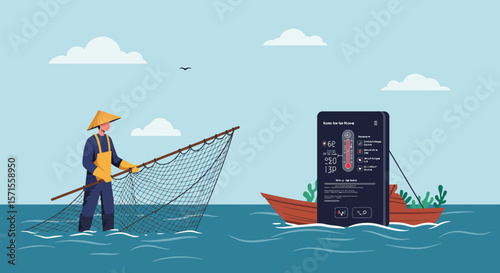 Digital Fishing: A fisherman, net, smartphone, boat illustration combined in an image of digital fishing, concept on the sea, the intersection of tradition and technology.