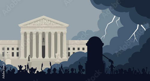 The storm over court: A dramatic illustration of the supreme court surrounded by protestors under a threatening, stormy sky, representing conflict and tension in the legal and political landscape.