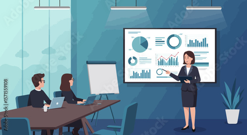 Business Meeting and Presentation: A dynamic business scene captures a presenter delivering a compelling presentation to an attentive audience in a modern, well-lit office setting. 