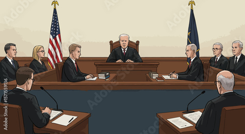 Courtroom Scene: Illustration of a courtroom with judges and lawyers, representing the legal system and judicial process.