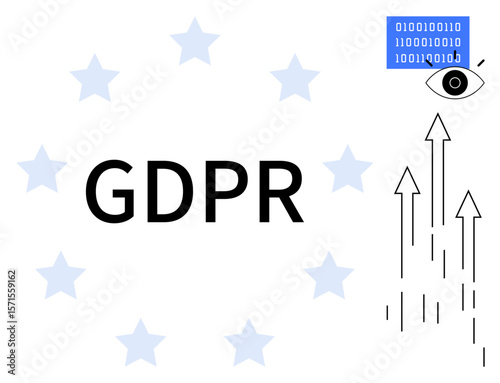 GDPR text in bold surrounded by stars, binary data and eye symbol representing privacy, and upward arrows for progress. Ideal for data protection, privacy laws, compliance, security, EU regulations