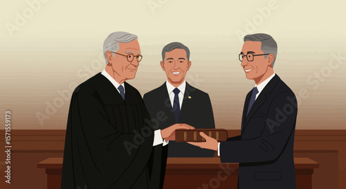 Solemn Oath of Office: An illustration depicting a formal oath-taking ceremony, symbolizing integrity, public service, and the upholding of justice, in a courtroom setting.