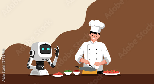Robot Chef Collaboration: A robotic chef collaborates with a human chef in a culinary scene, exploring technology and the art of gastronomy.