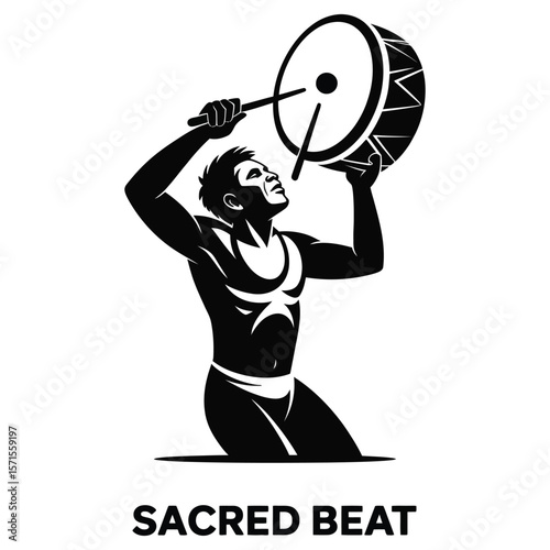Silhouette vector of indigenous man playing tribal drum on black and white background