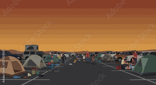 Camping Adventure: People camp in campground, setting up tents. enjoying outdoor adventure with the sun setting.