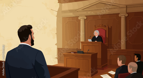 Courtroom Scene: A compelling courtroom scene unfolds, with a judge presiding over a case, a defendant standing before the bench, and an audience of witnesses and legal professionals.