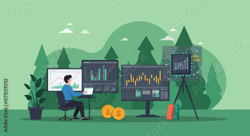 Financial Analysis Amidst Nature: A man deeply engrossed in market analysis, surrounded by multiple computer screens displaying financial data, juxtaposed against a backdrop of natural elements.