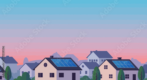 Solar Roofs in a Suburban Neighborhood: Houses equipped with solar panels bask under a cotton candy sky in a peaceful suburban landscape.