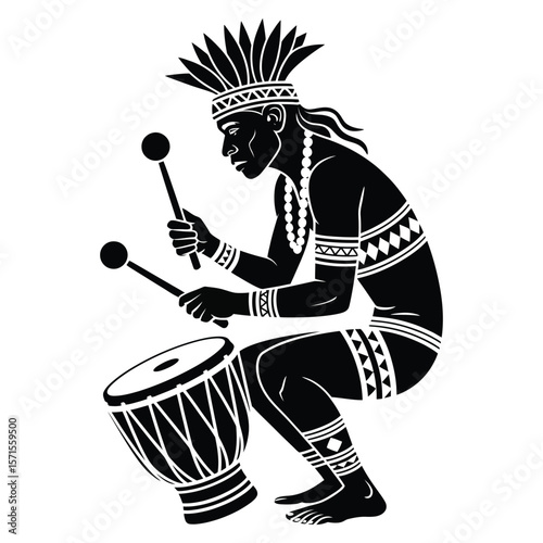 Silhouette vector of indigenous man playing tribal drum on black and white background