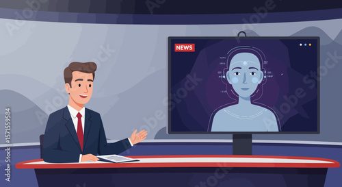 Breaking News: The journalist sits at the desk and delivers the latest updates, with cutting-edge technology displaying the image on a large screen.