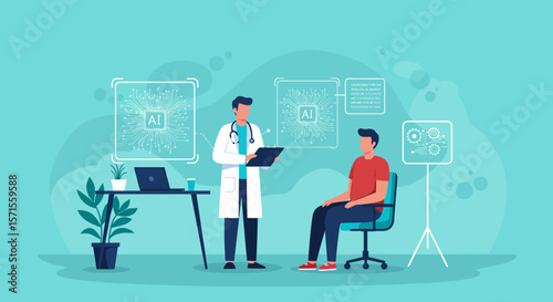 Medical Consultation with AI Assistance: A doctor consults with a patient, augmented by advanced AI technology, symbolizing modern healthcare and the integration of innovation into medical practices.